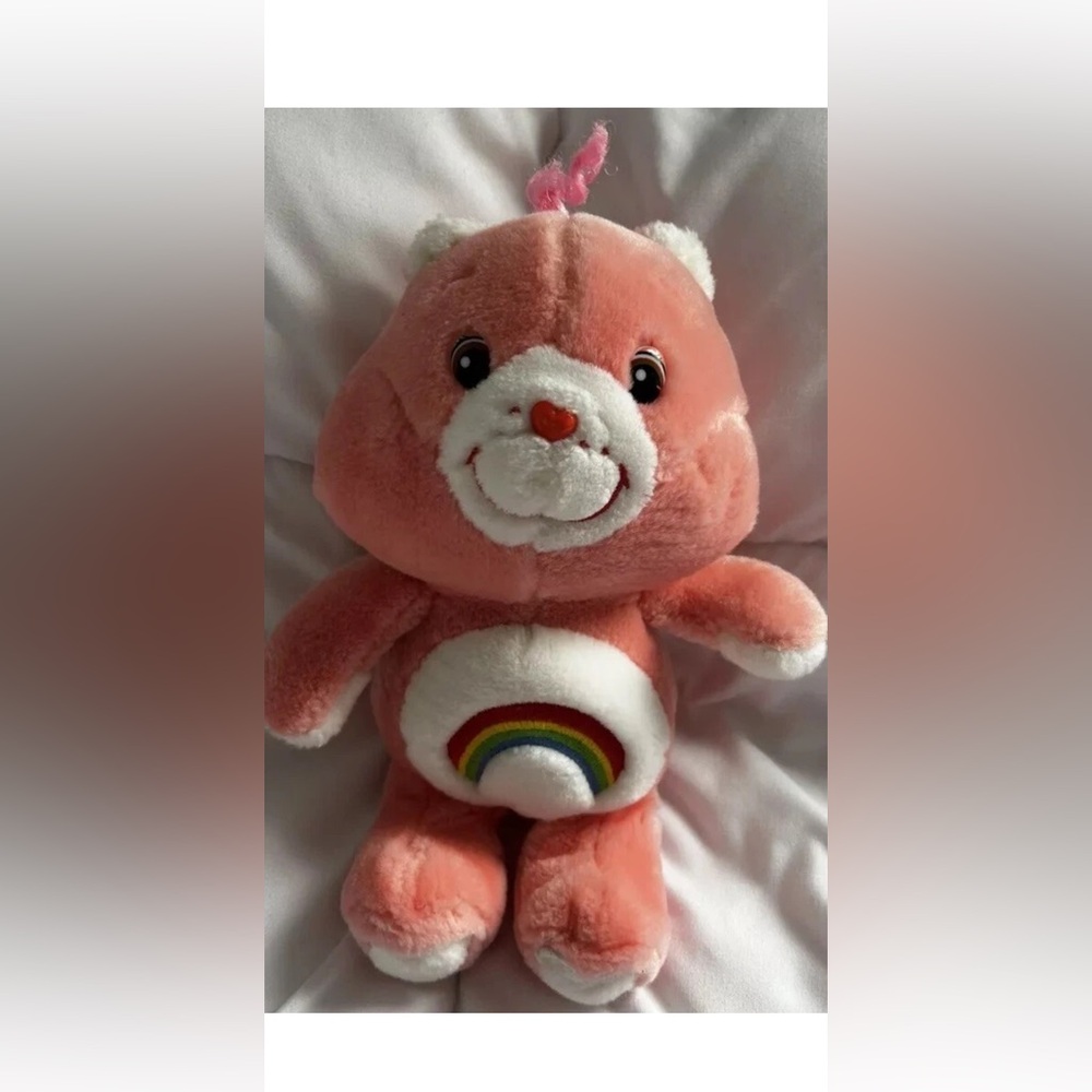 Care Bears Cheer Bear Pink Plush 8" 2002 Stuffed Animal Toy Rainbow White Hearts